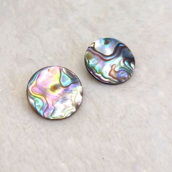 Vintage 80's Round Button Abalone Pierced Earrigns - Picture 1 of 6